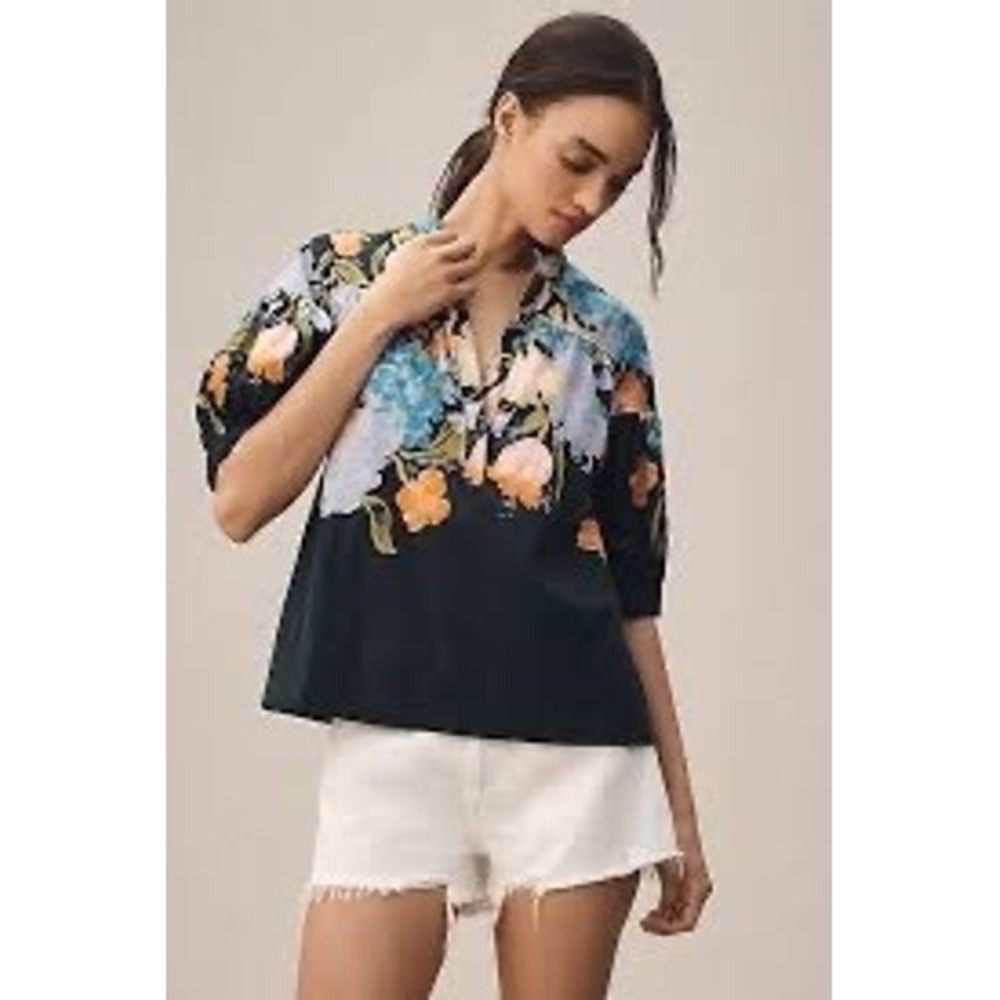 Anthropologie Toshiko Horitaka Floral Cotton Puff Sleeve Blouse Teal OB1964046 M